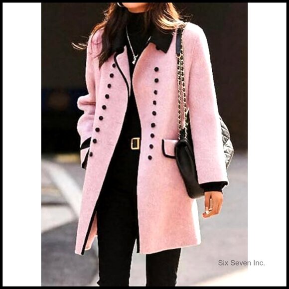 Women's Wool Blend Pea Coat Double Breasted Notch Lapel Long Sleeve - Picture 2 of 6